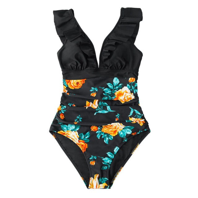 Floral V-neck Ruffled One-Piece Swimsuit