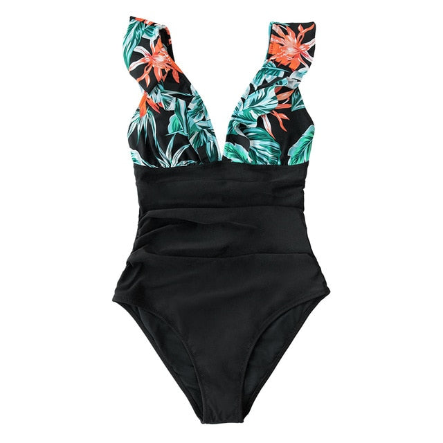 Floral V-neck Ruffled One-Piece Swimsuit