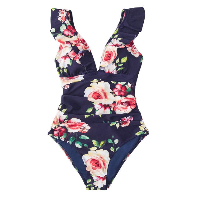 Floral V-neck Ruffled One-Piece Swimsuit
