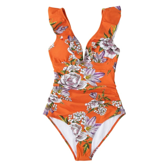 Floral V-neck Ruffled One-Piece Swimsuit