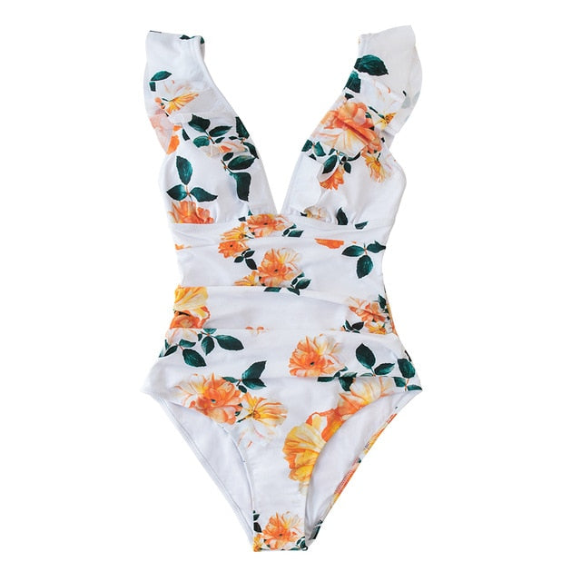 Floral V-neck Ruffled One-Piece Swimsuit