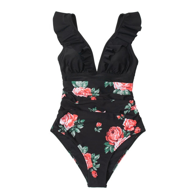 Floral V-neck Ruffled One-Piece Swimsuit